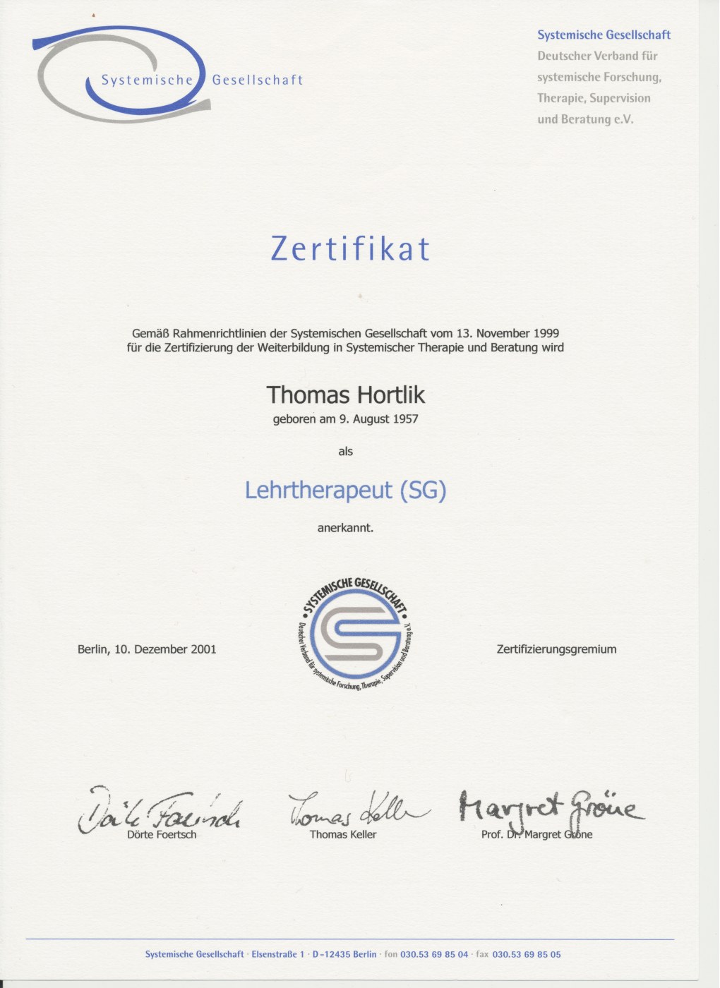 Zertifikat Lehrtherapeut der Systemischen Gesellschaft